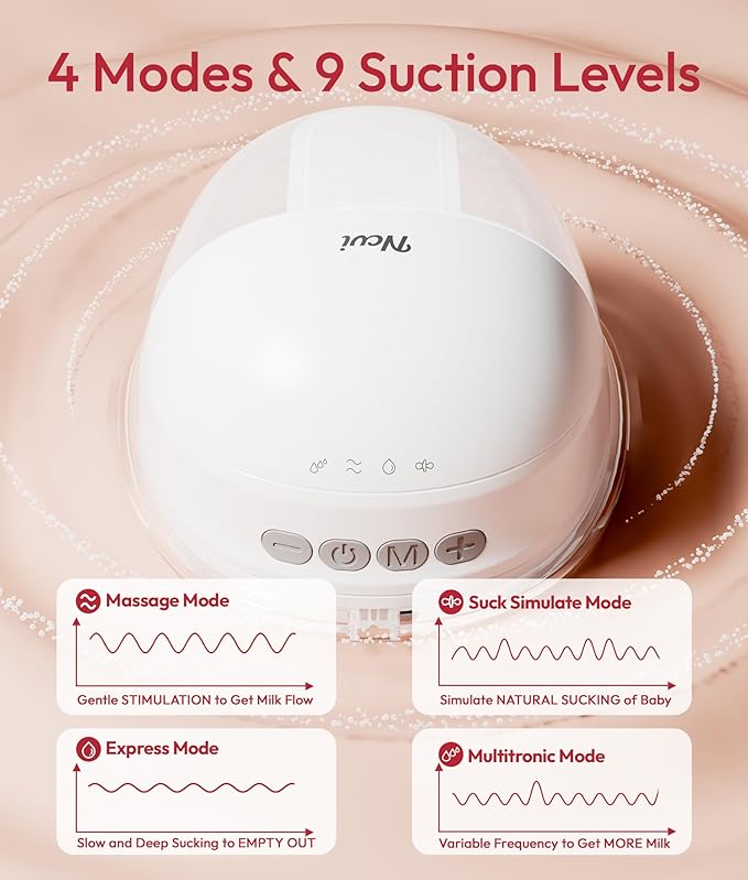 NCVI Wearable Breast Pump, Hands Free Electric Breast Pump with 4 Modes & 9 Levels Suction, Portable Breast Pump Ultra Quiet <42dB, 150min Battery Life, 19/21/24mm Flange, Breastfeeding Pump for Moms