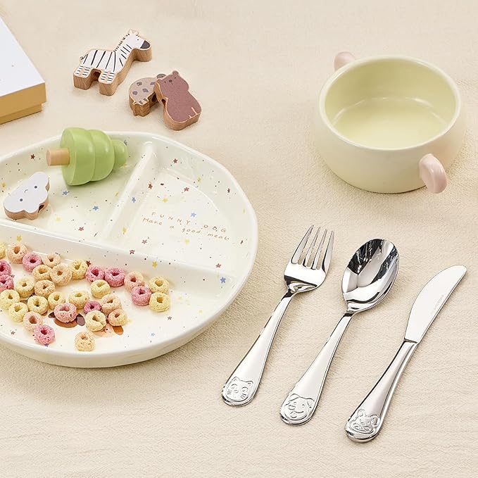 KINGSTONE Toddler Utensils Gift Set, 3-Piece Fork, Spoon & Knife, Large Size, 18/10 Stainless Steel, Cat & Dog Print, Ergonomic Kids Flatware for Self-Feeding, Ideal Birthday or Children Shower Gift