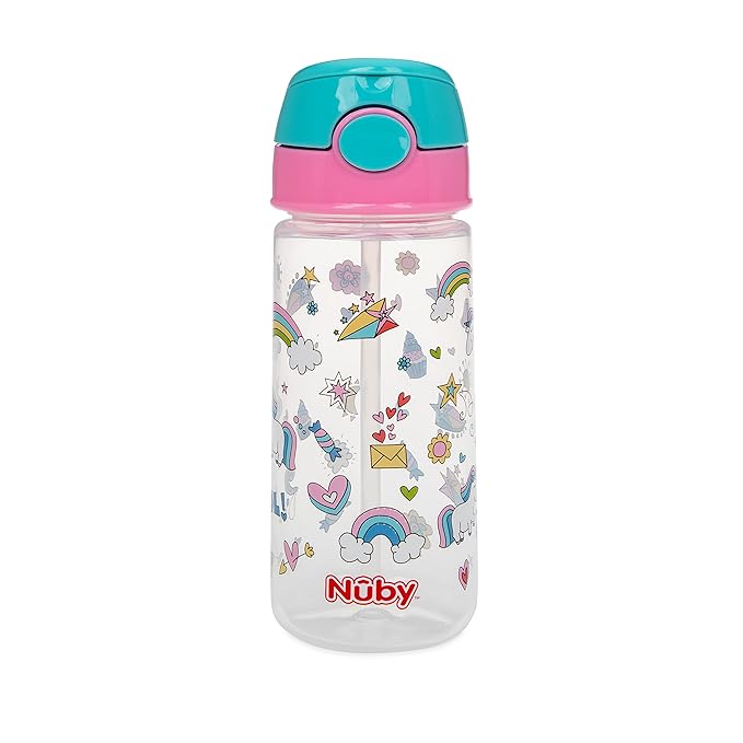Nuby 2-Pack Kid’s Printed Flip-it Active Water Bottle with Push Button Cap and Soft Straw - 18oz / 540ml, 18+ Months, 2-Pack, Prints May Vary