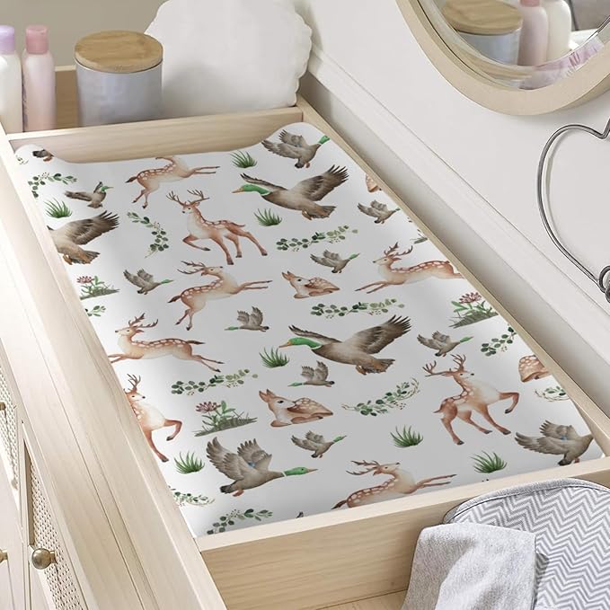Wild Animals Hunting Baby Changing Pad Cover Sheets for Boys & Girls 32''x16'' Hunting Animals Boho Leaves Unisex Fitted Diaper Change Table Sheets Soft Breathable Changing Table Mats