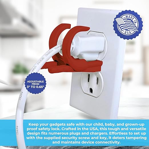 Lock Socket Adjustable Outlet and Charger Lock - Red | Anti-Theft, Child-Safe Plug Lock cover | Secures 2 or 3 Pronged Plug & Adaptors, Includes Security Screw & Key | Secures Most Cords | Made in USA