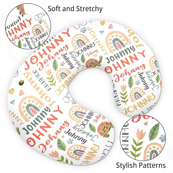 Baby Nursing Pillow Cover - Personalized Name Breastfeeding Pillow Cover with Turtle Pattern, Stretchy Removable U-Shaped for New Moms, Soft Breathable Slipcover for Infant Boys Girls