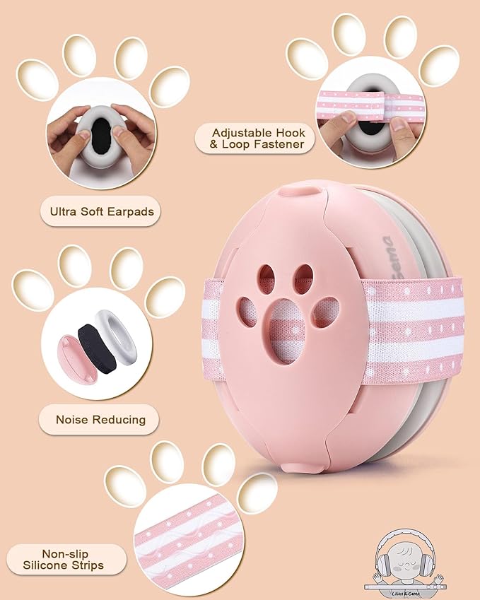 Lilian&Gema 2-in-1 Baby Ear Muffs Noise Protection up to 48 Months - Baby Airplane/Travel Essentials - Adjustable Noise Reduction Earmuffs - Ear Protection Headphones for Infant & Toddler, Pink