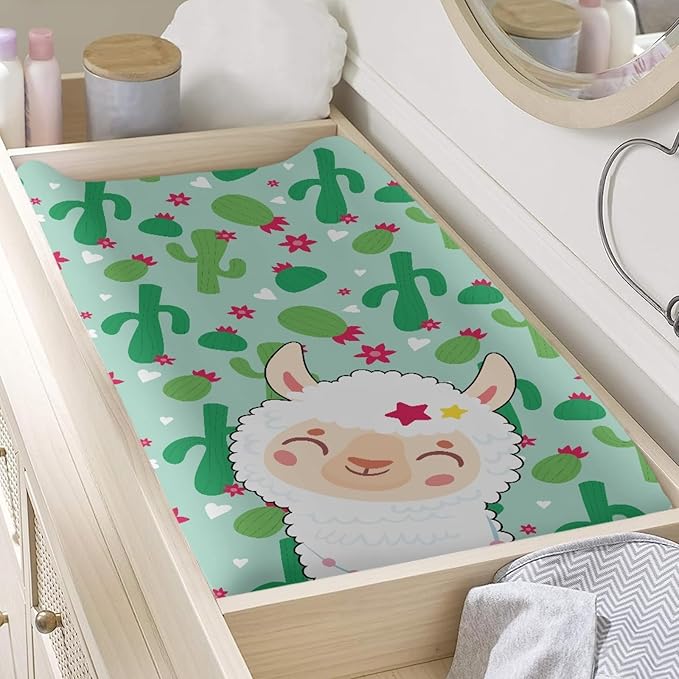 GOSTONG Girls Boys Changing Pad Cvoer with Cactus Alpaca Elastic Soft Changing Mat Sheets Fits 32"x16" Diaper Changing Table, Lightweight & Machine Washable