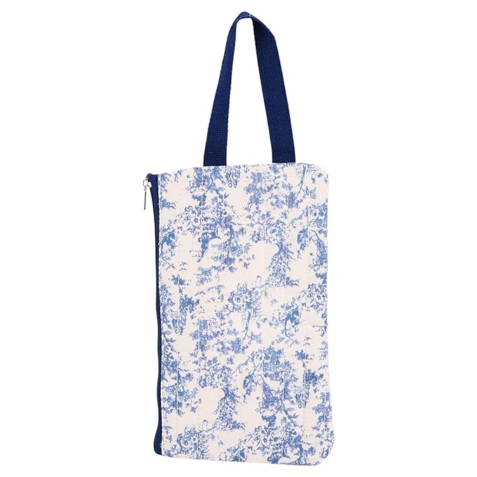 Quilted Baby Wipe Holder, Canvas Floral Quilted Pouch with Hanging Strap, Portable Diaper Wipe Holder for Travel Stroller-Classic Blue