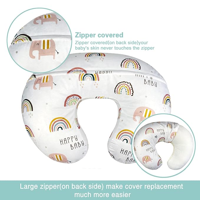 OWLOWLA Nursing Pillow Cover, Breastfeeding Pillow Slipcover Fits Nursing Pillow for Baby Boy Girl(Rainbow&Elephant)