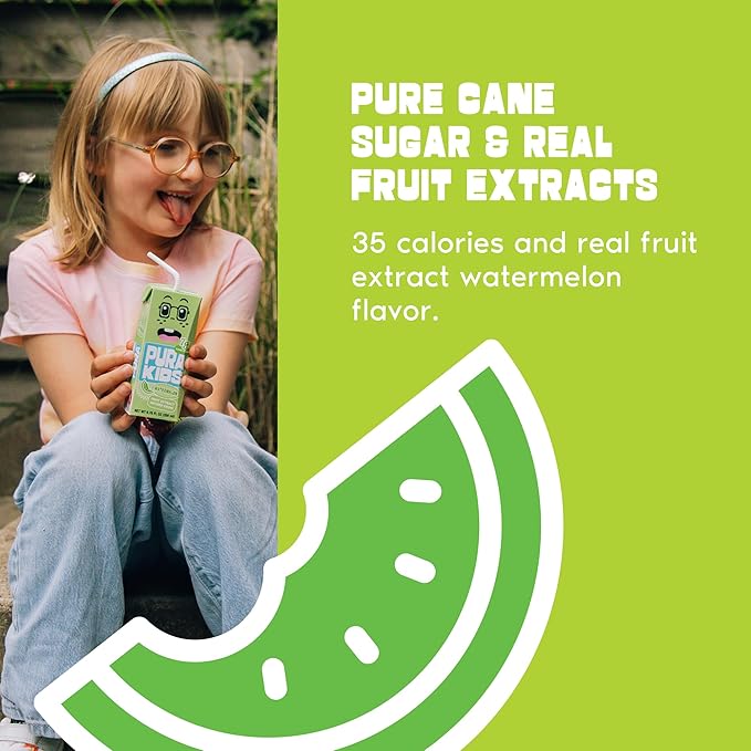 PURA Kids Box | Watermelon Fruit extract infused Drink for kids | 7g Pure Cane Sugar | Non-GMO | Vegan, No Artificial Sweeteners | Best Lunchbox Beverage with Paper Straw | 6.76 fl oz (200ml), Pack of 24