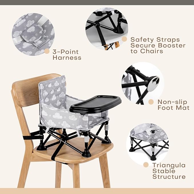 Toddler Booster Seat for Kitchen Chair & Travel - Portable Foldable with Removable Tray, Baby Camping Chair 6-36 Months Indoor Outdoor (White Cloud Design)