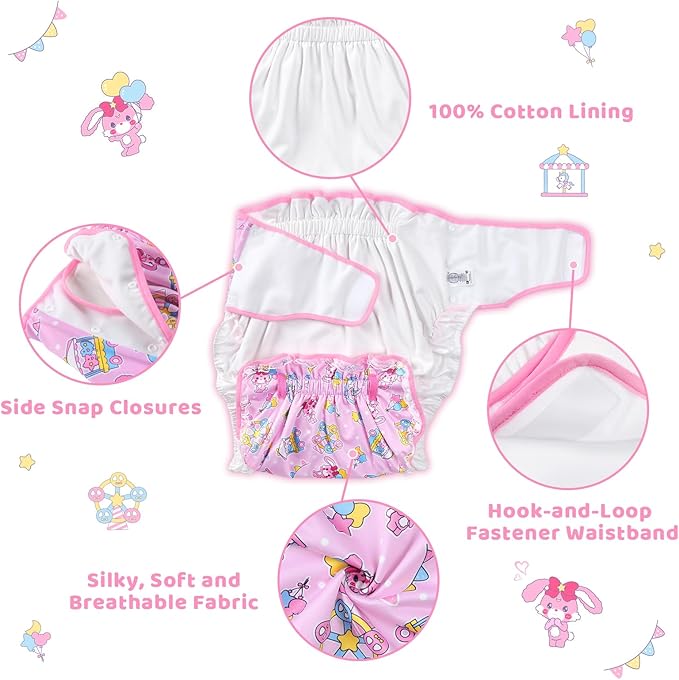 Littleforbig Adult Ribbon Omutsu Diaper Wrap Cover Washable Adjustable Reusable Waterproof - Usagi Pastel Circus Pattern
