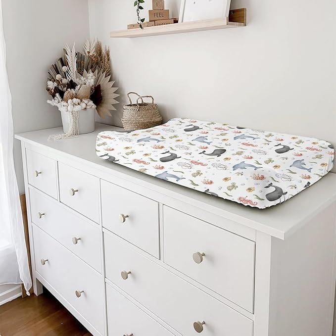 Sea Animals Changing Pad Cover Whale Dolphin Jellyfish Sea Horse Turtle Fish Coral Fitted Baby Change Table Sheets for Boy Girl Ocean Soft Stretch Fitted Changing Table Pad Cover Mats 32''x16''