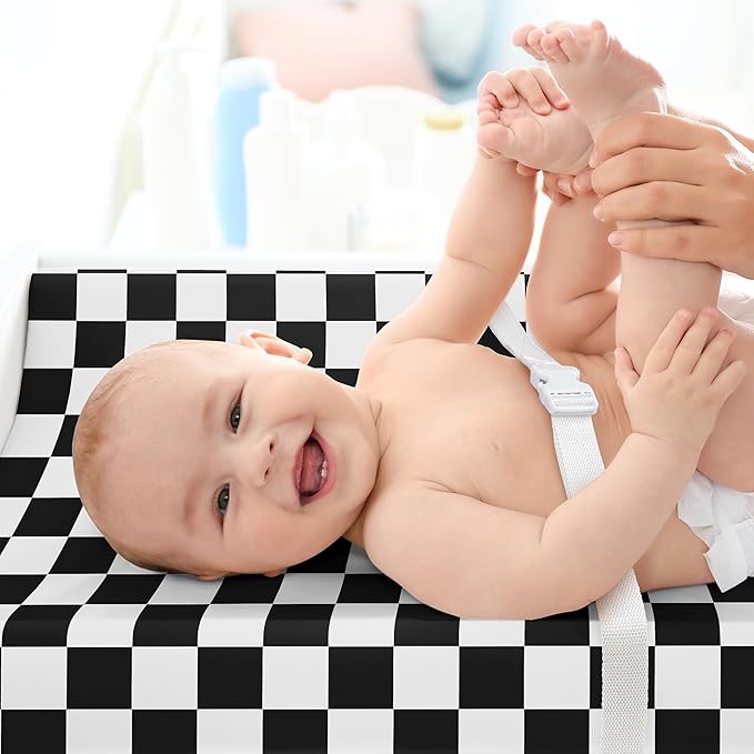Sweet Jojo Designs Baby Changing Pad Cover Sheet (Black and White Gingham Checkered Plaid) for Boys or Girls, Infant/Newborn Diaper Change Table Mat Covers (Vintage, Classic Checkerboard, Racing Flag)