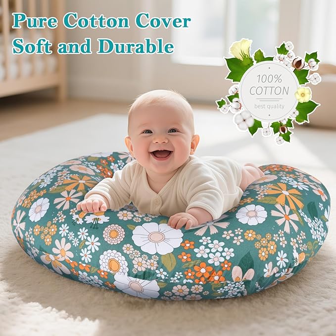 Ergonomic Nursing Pillow for Breastfeeding & Bottle Feeding, Breastfeeding Pillow to Reduce Back Neck Strain, Suitable for Breastfeeding Mom & Baby, Washable Cotton Cover(Flower Green)