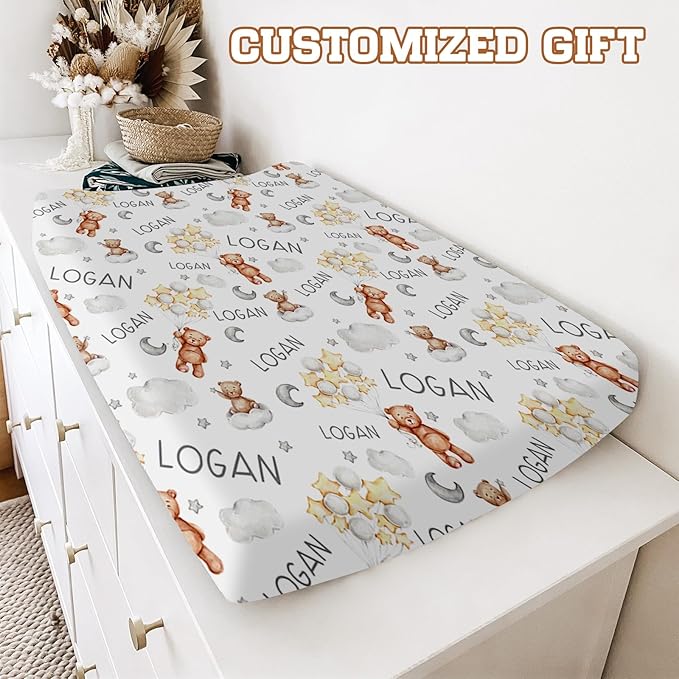Personalized Baby Changing Pad Cover with Name - 2 Piece White Bear Baby Pee Pad Cover for Diaper Changing Table with Name, Portable Custom Gifts for Infant Baby