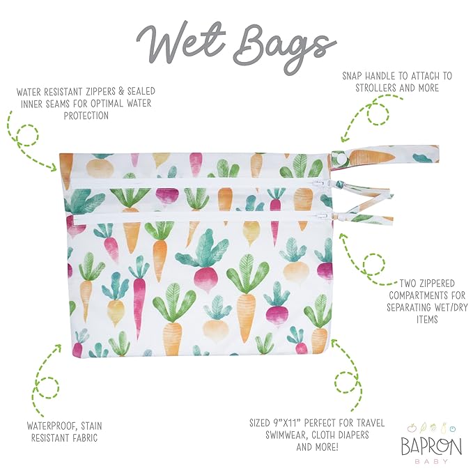 BapronBaby Farm Produce Wet Dry Bag - Waterproof Two Zipper Pockets - Reusable for Mealtime, Diapers, Stroller, Snacks, Swimsuits - Machine Washable - 11" x 9"