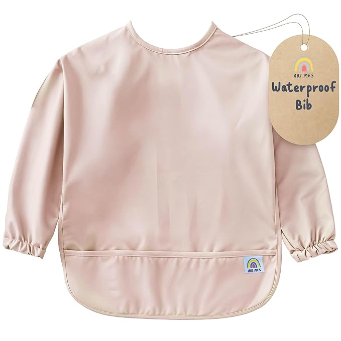 ARI MES Waterproof Long Sleeve Baby Bib for Eating-Pink, Small-Toddler Smock with Catch-All Pocket, BPA Free, Machine Washable, Wearable Feeding Bib for Boys & Girls 6-72 Months