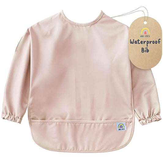 ARI MES Waterproof Long Sleeve Baby Bib for Eating-Pink, Small-Toddler Smock with Catch-All Pocket, BPA Free, Machine Washable, Wearable Feeding Bib for Boys & Girls 6-72 Months