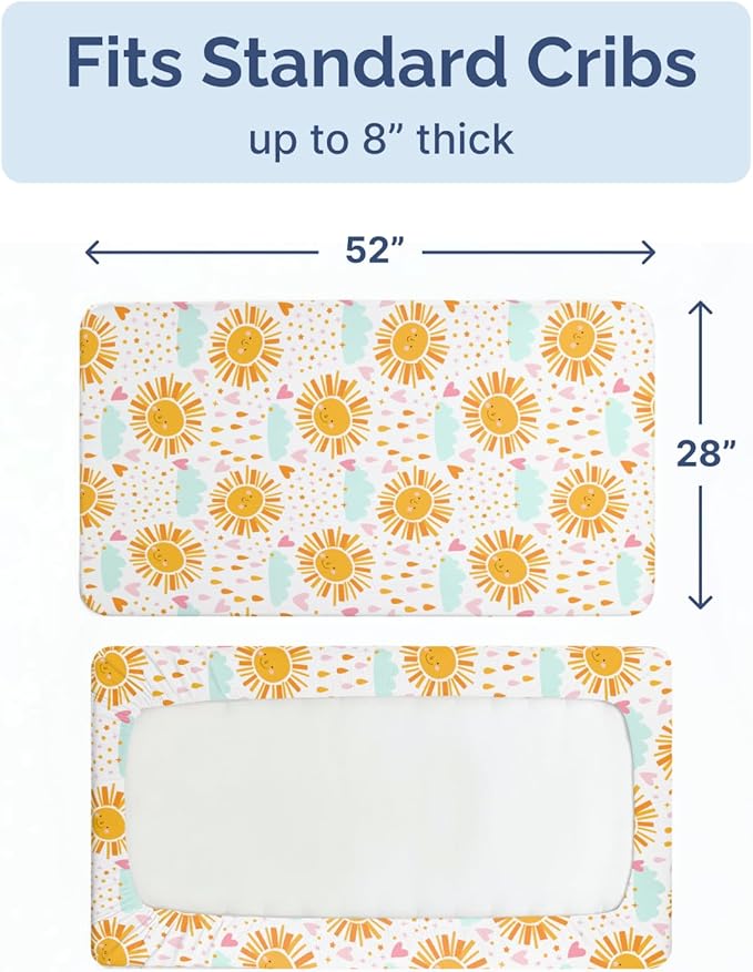 Baby Crib Sheets for Boys & Girls - Pack of 2 Fitted Microfiber Crib Sheets for Standard Crib & Toddler Mattress - Soft, Breathable & Wrinkle Free - Machine Washable, Oeko Tex - 52x28x8in - Sunny Drop