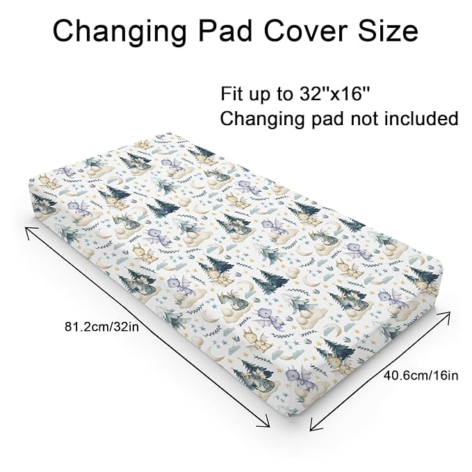 Fairytale Dragons Baby Changing Pad Covers for Boy Girl 32''x16'' Cute Dragons Eggs Moon Stars Trees Fitted Diaper Change Table Pad Sheets Dreamy Animal Soft Breathable Nursery Changing Table Mats