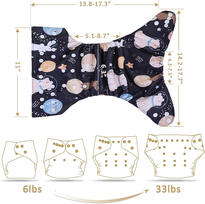 TDIAPERS Cloth Diapers Reusable Washable Pocket Diapers Cover One Size Adjustable for Baby 6 Pack with 12 Inserts