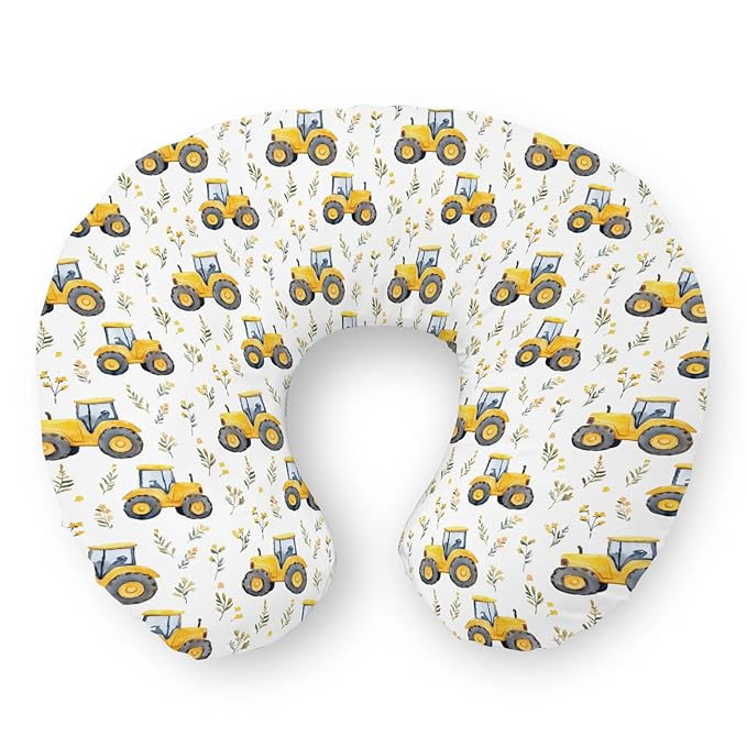 Watercolor Yellow Tractors Baby Nursing Pillow Covers for Boy Girl Farm Tractors Boho Leaves Nursery Feeding Pillowcase for Breastfeeding Pillows Farm Life Soft Stretchy Slipcovers for Newborn Infant