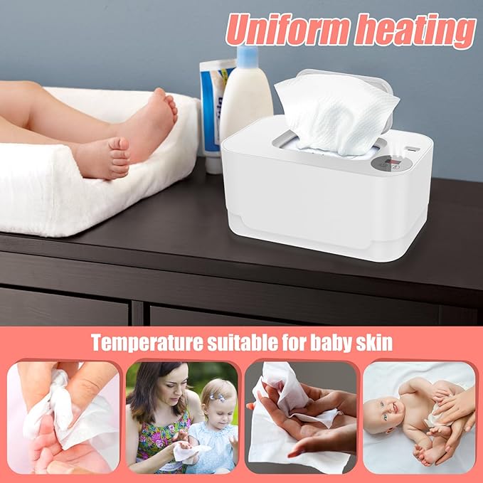 Baby Wipe Warmer with LED Light, 104-131°F Adjustable Baby Wipe Warmer Dispenser Portable Wipe Heater Warmer USB Powered Wet Wipes Warmer D Keeps Wipes Warm and Moist for Baby(White)