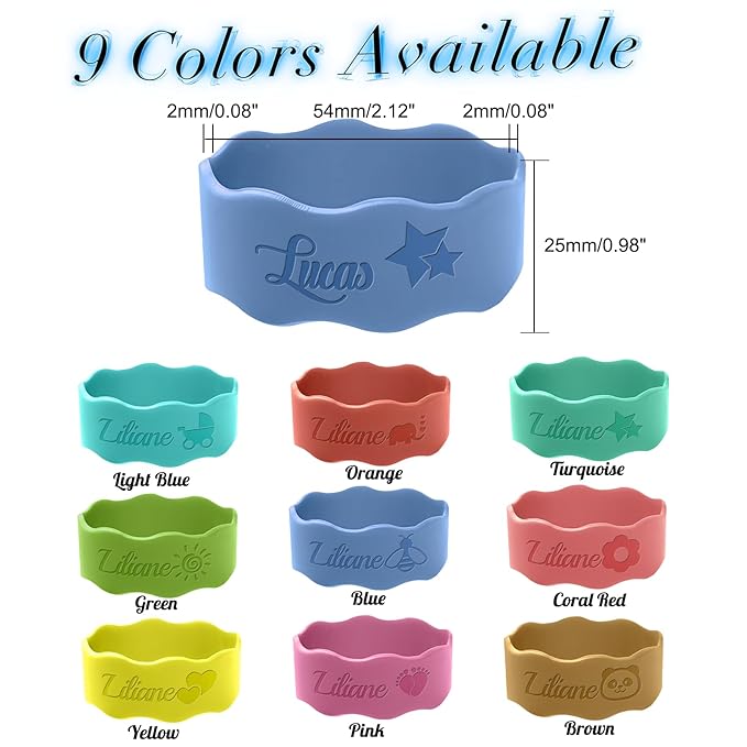 Personalized Water Bottle Name Bands Custom Coloring Silicone Labels Customized Silicone Baby Bottle Labels for Daycare Reusable Baby Bottle Straps for Kids Cups School Waterproof-Yellow