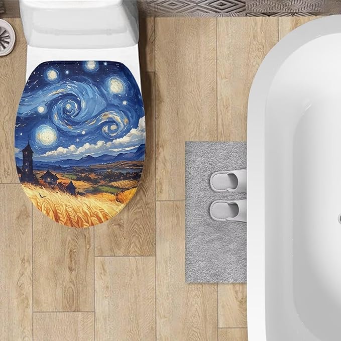Toilet Lid Covers Flannel Fabric Breathable Toilet Seat Covers Starry Night Oil Painting Toilet Lid Cover Dustproof Seat Covers Keep Clean Tidy Reusable Toilet Protector