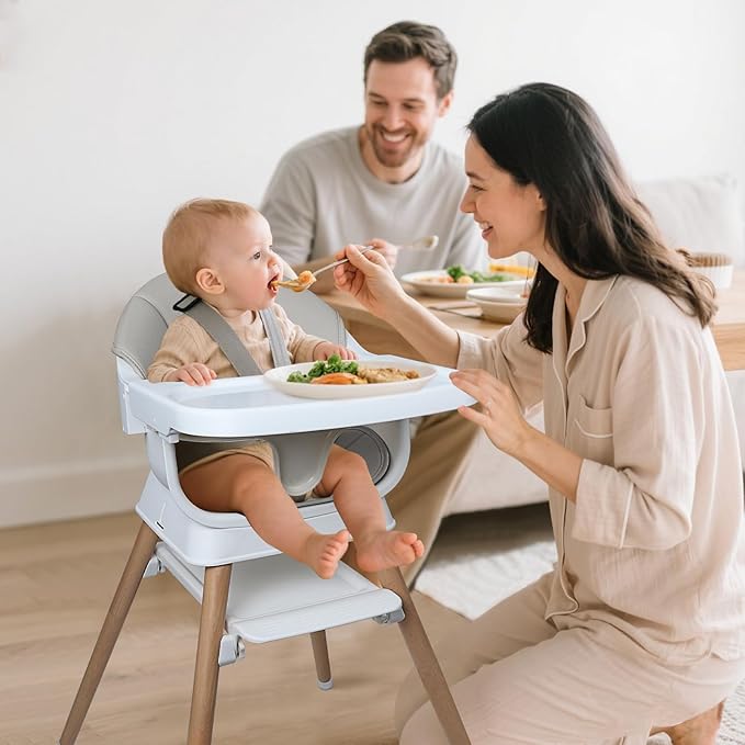 9 in 1 Convertible Baby High Chair with Booster Seat, Wooden Highchair for Babies and Toddlers with Removable Tray & 5-Point Harness, Multi-Functional Growing Seat for Feeding, Learning & Play, Gray