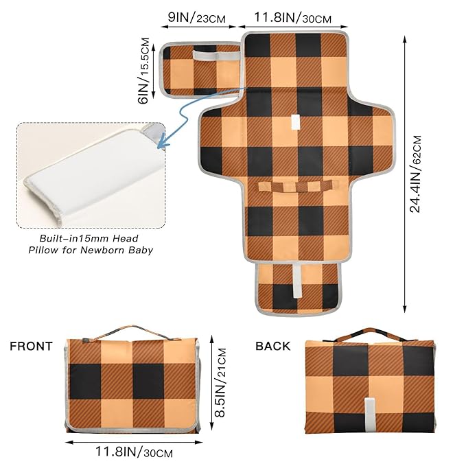 Portable Diaper Changing Pad Travel Baby Changing Mat Waterproof Diaper Changing Mat Foldable Lightweight Baby Changer with Built-in Pillow Autumn Orange and Black Plaid