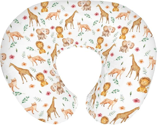 Watercolor Safari Animals Baby Nursing Pillow Covers for Boy Girl Lion Giraffe Elephant Floral Leaves Nursery Pillowcase for Breastfeeding Pillows African Jungle Soft Stretchy Slipcover for Infant