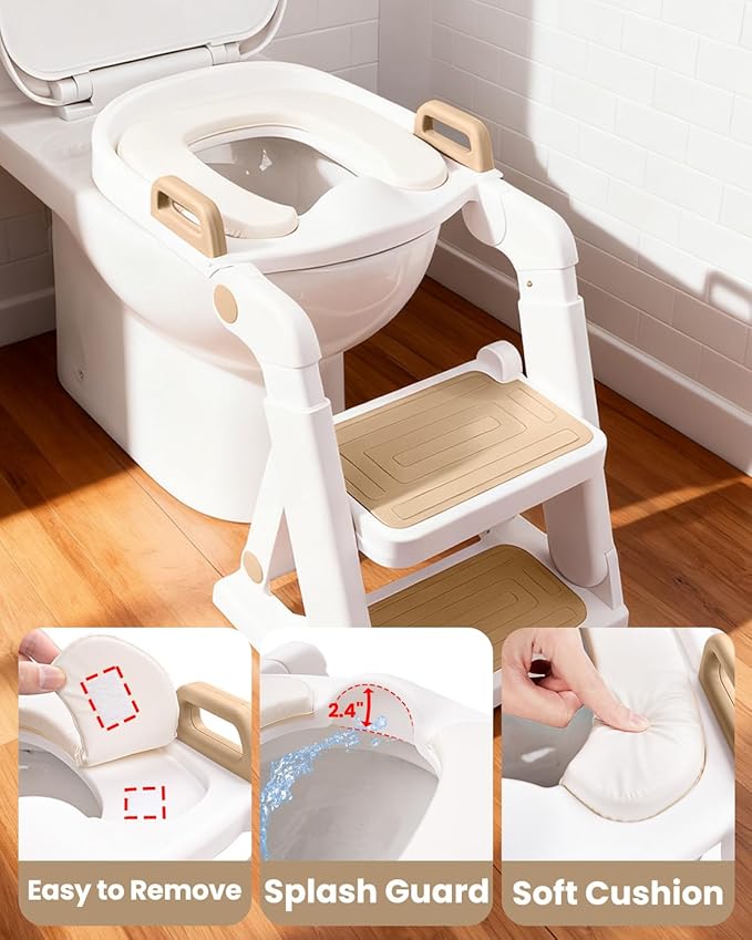 Potty Training Seat, Primlect Upgrade Toddler Toilet Seat for Kids Boys Girls, 2 in 1 Potty Training Toilet with Step Stool, Adjustable Seat and Ladder, Non-Slip Pad, Splash Guard (M-Brown)
