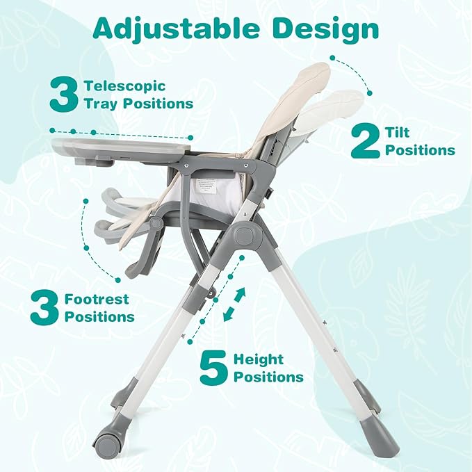 BABY JOY Foldable High Chair for Babies and Toddlers, Portable Adjustable Highchair with Footrest, Detachable Tray, Easy to Clean PU Seat Cushion, 5-Point Safety Belt and Built-in Wheels (Beige)