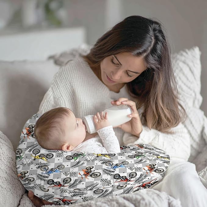 Vintage Motor Bike Checkered Nursing Pillow Cover Stretchy Removable for Baby Girls Boys Motorcycle Race Flag Stars Cover for Breastfeeding and Bottle Feeding Racing Vehicles Pillowcase