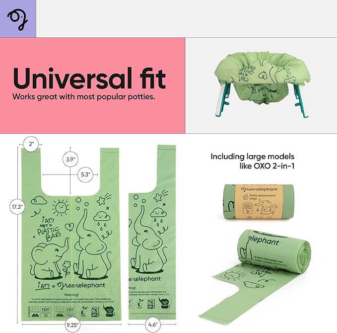 Green Elephant Travel Potty Bags-Potty Liners for Portable Potty,Bags for Portable Toilet,Liners Disposable Kids,Potty Training Liners Disposable,Potty Liners for Toddlers,Potty Chair Liners 30 count