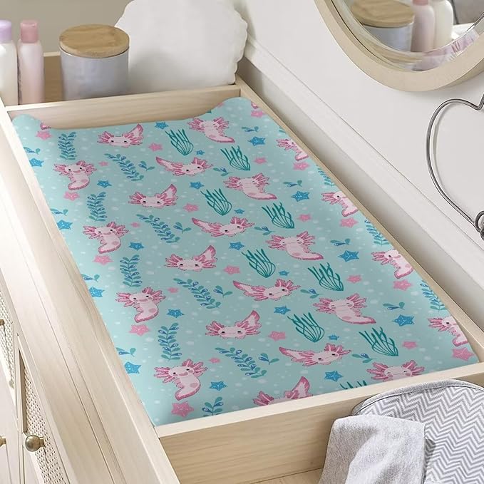 Kawaii Axolotl Changing Pad Cover, Diaper Changing Pad Covers for Baby, Fitted Boys Girls Changing Table Sheets for 32''×16'' Change Table Pad, Soft and Breathable