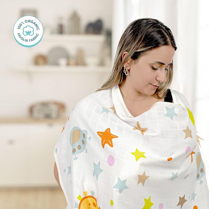 Multipurpose Muslin Cover 100% Cotton - Breathable Baby Essential, Breastfeeding, Nursing, Car Seat, Stroller Cover, Tummy Time Mat & Burp Cloth All in One (Space Pattern) (Pack of 1)