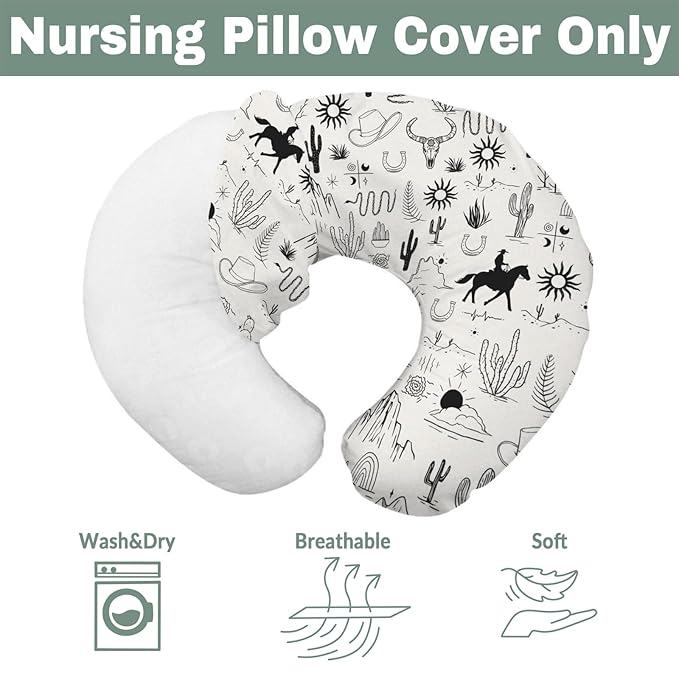 Western Cowboy Baby Nursing Pillow Covers for Boy Girl Wild West Cactus Mountain Snake Cattle Skull Sun Nursing Pillow Slipcovers for Breastfeeding Pillows Desert Adventure Soft Stretchy Cover