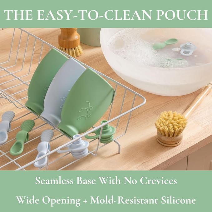 Nontoxic Reusable Baby Food Pouches - Premium Food Grade Silicone - BPA & PFAS Free - Leak-Proof Design - Easy to Clean and Dishwasher Safe (Green)
