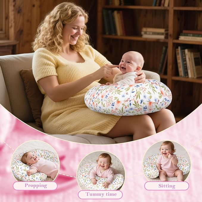 Nursing Pillow - Breastfeeding Pillow with Breathable Filling & Removable Cover, Ergonomic Support for Breastfeeding & Bottle (Green Leaf,0-12 Months)