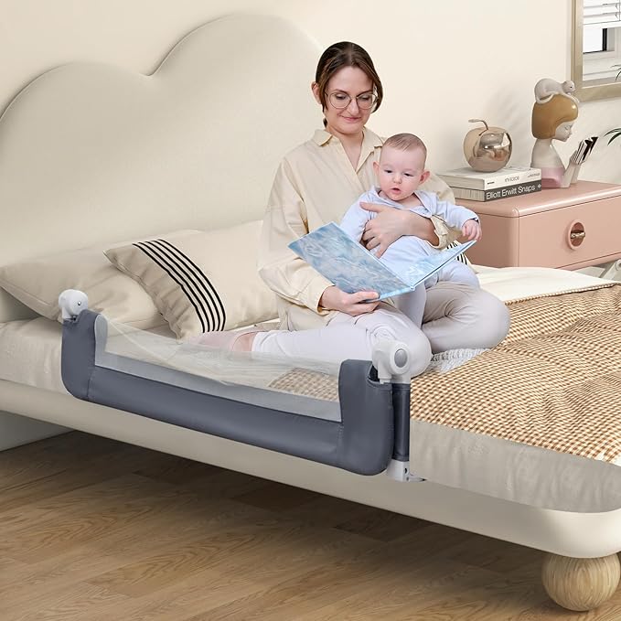 BABY JOY Double Sided Bed Rail Guard, 2 Pack, Extra Long, Swing Down for Convertible Crib, Folding Baby Safety Bedrail for Kids Twin Full Size Queen King Mattress, Rails for Toddlers (Dark Gray, 47")
