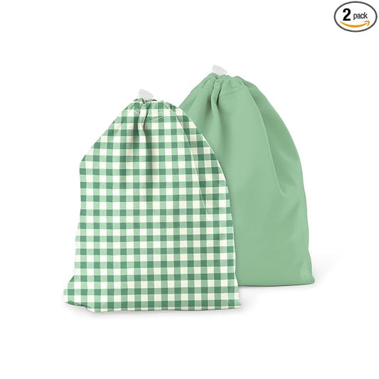 Esembly Ditty Bag Duo - Reusable Waterproof Wet Bags for Cloth Diapers, Swimsuits, Toiletries, and Snacks, Set of 2 - Verdant Gingham + Willow