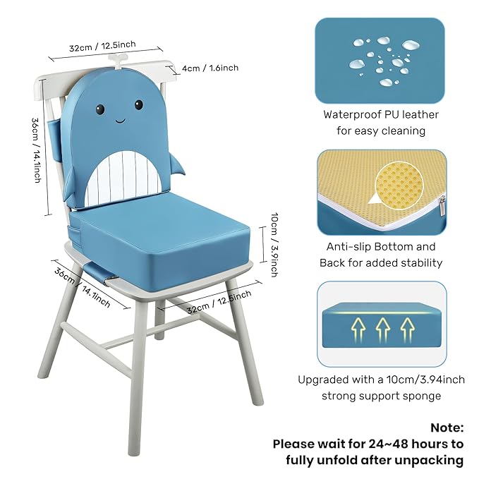 Toddler Booster Seat for Dining Table with Backrest, 4inch Non-Slip Kids Booster Seat for Kitchen Chair, PU Waterproof Detachable Increasing Cushion (Blue Whale)