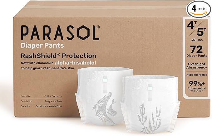 Parasol Chlorine Free Disposable Diaper Pants, Size 6 (4T-5T) 72 Count, Pull Up-Style with RashShield Protection and Active 360 Comfort Wrap, Hypoallergenic Training Diaper