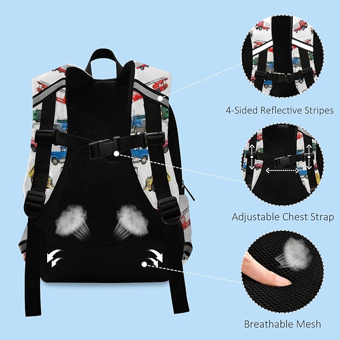 Fire Truck Tractor Truck Construction Car Kid's Toddler Backpack for Boys Girls Preschool Nursery with Safety Leash (031119) Over 3 years old