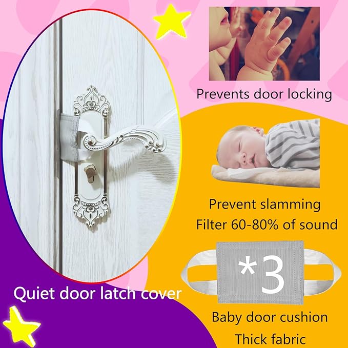 Door Silencer & Baby Proof Latch Cover - Quiet Close Cushion Pads That Prevent Slamming & Accidental Locking, Noise-Reducing Soft Close for Toddler Safety (3-Pack, Light Gray)