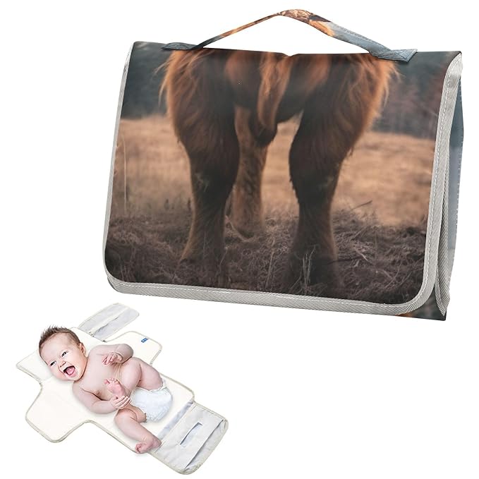 Highland Cow Portable Diaper Changing Pad - Waterproof Foldable Baby Diaper Changing Pad with Built-in Pillow, Travel Diaper Changing Mat for Newborn Baby