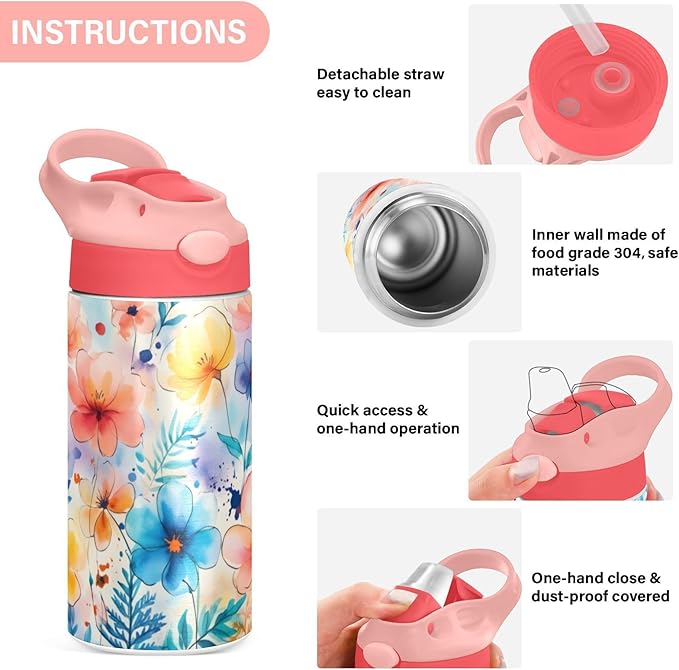 Cute Flowers Girls Water Bottle with Straw and Carry Handle Rainbow Pink Green Purple Vacuum Insulated Stainless Steel Bottles Leak-Proof for Boys Kids Toddler 12 oz Pink Lid