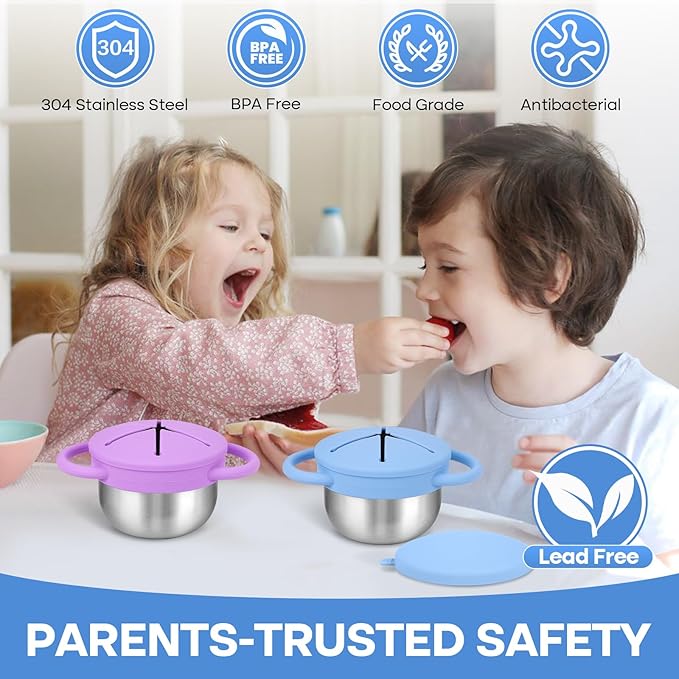 2-Pack Stainless Steel Snack Cup for Toddlers Spill-Proof, Baby Food Containers with Removable Silicone Lids & Handles | Dishwasher Safe, BPA-Free On-the-Go Kids Snack Containers Box