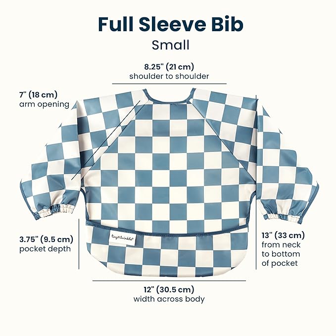 Tiny Twinkle Long Sleeve Bib for Babies & Toddlers | Waterproof Smock Bib for Eating | Machine Washable & Mess-Proof Feeding Essentials | Newborn Shower Gift (Checkers Blue, 6–24M)