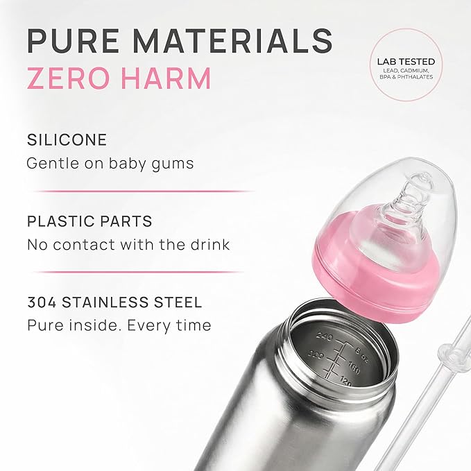 3-in-1 Stainless Steel Baby Bottle – Converts from Newborn Bottle to Sippy Cup to Straw Cup, Ages 0–4, Leak-Proof, 8 oz Pink